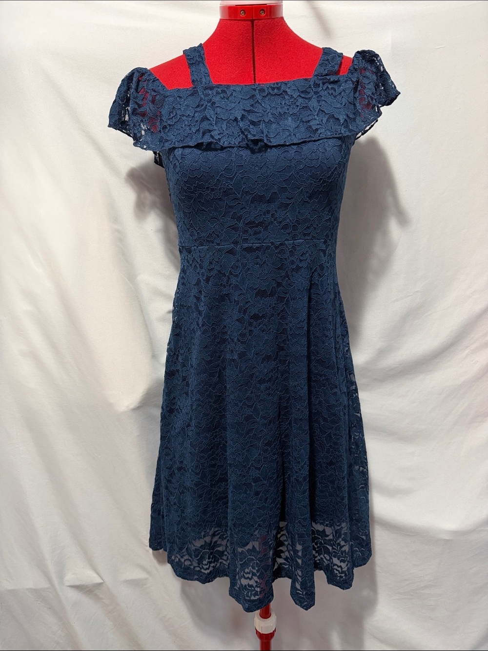 Navy Lace Midi Dress with Off-Shoulder Ruffle